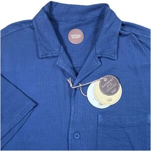 Common People Men's Large Navy Blue Button‎ Front Seersucker Shirt Camp Collar